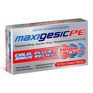 20 film-coated tablets of Maxigesic Pe Cold, Flu & Sinus Relief